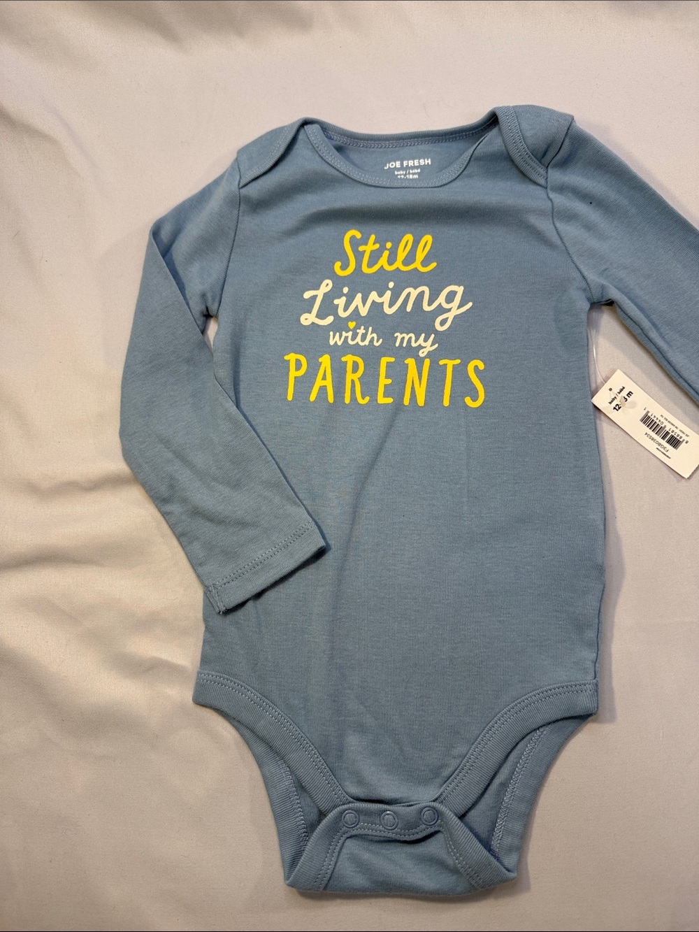 Joe Fresh Light Blue Long-Sleeve Bodysuit with Yellow Text